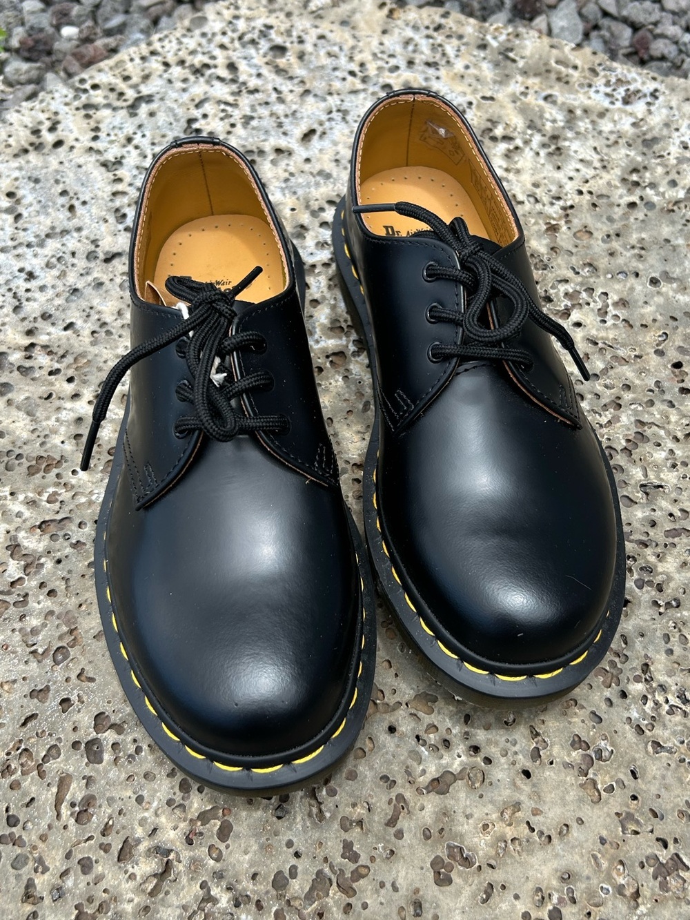 Dr. Martens The Original Black Leather 3-Eye Derby Shoes with Yellow Stitching